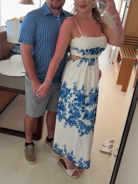 Hello Molly White Midi Dress with Blue Floral Print